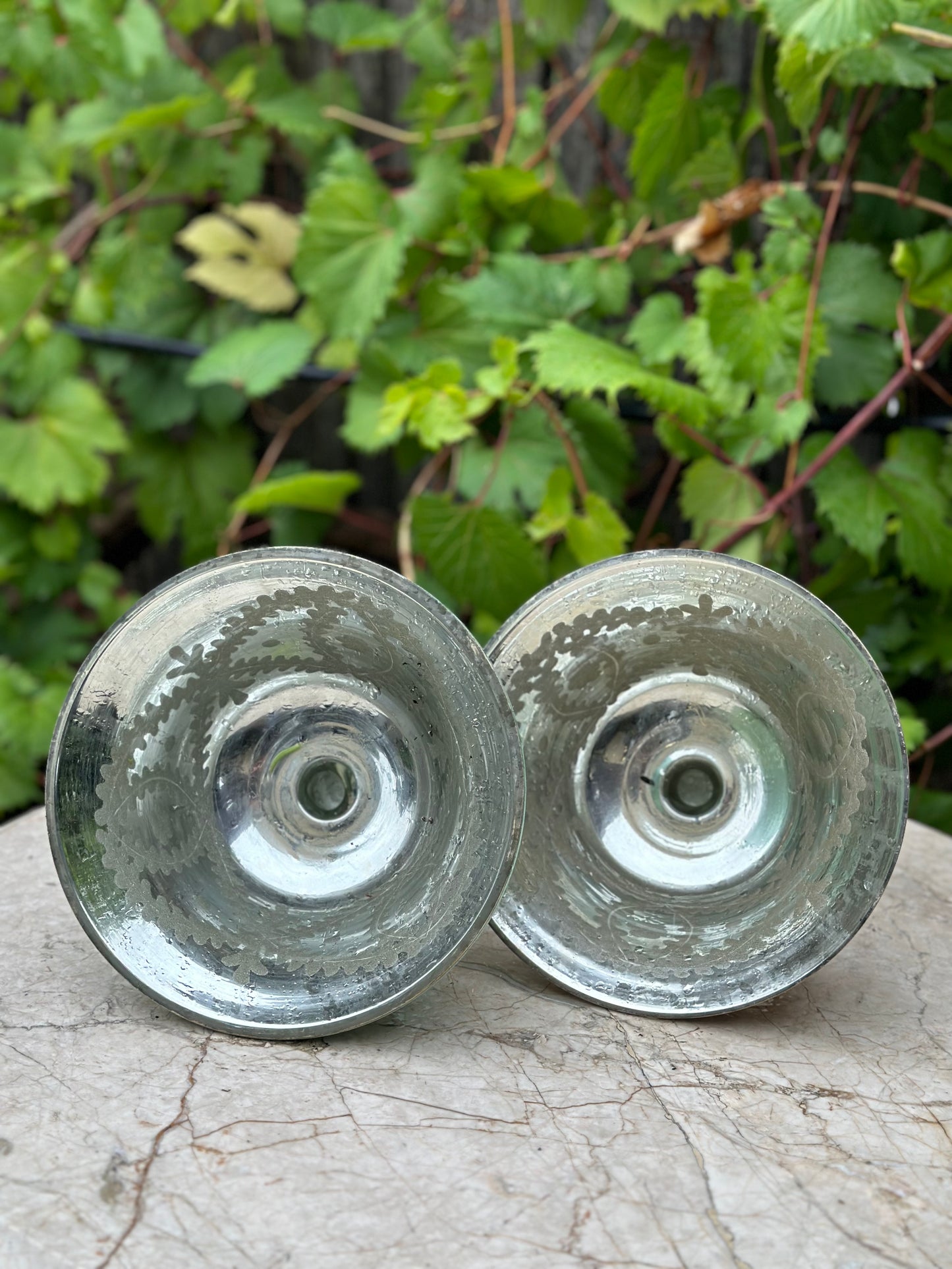 Vintage - Etched Green Bowl Pedestal