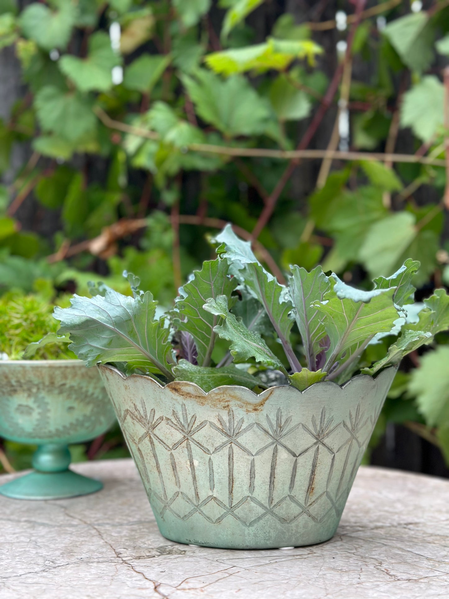 Glass - Vintage Etched Green Glass Oval