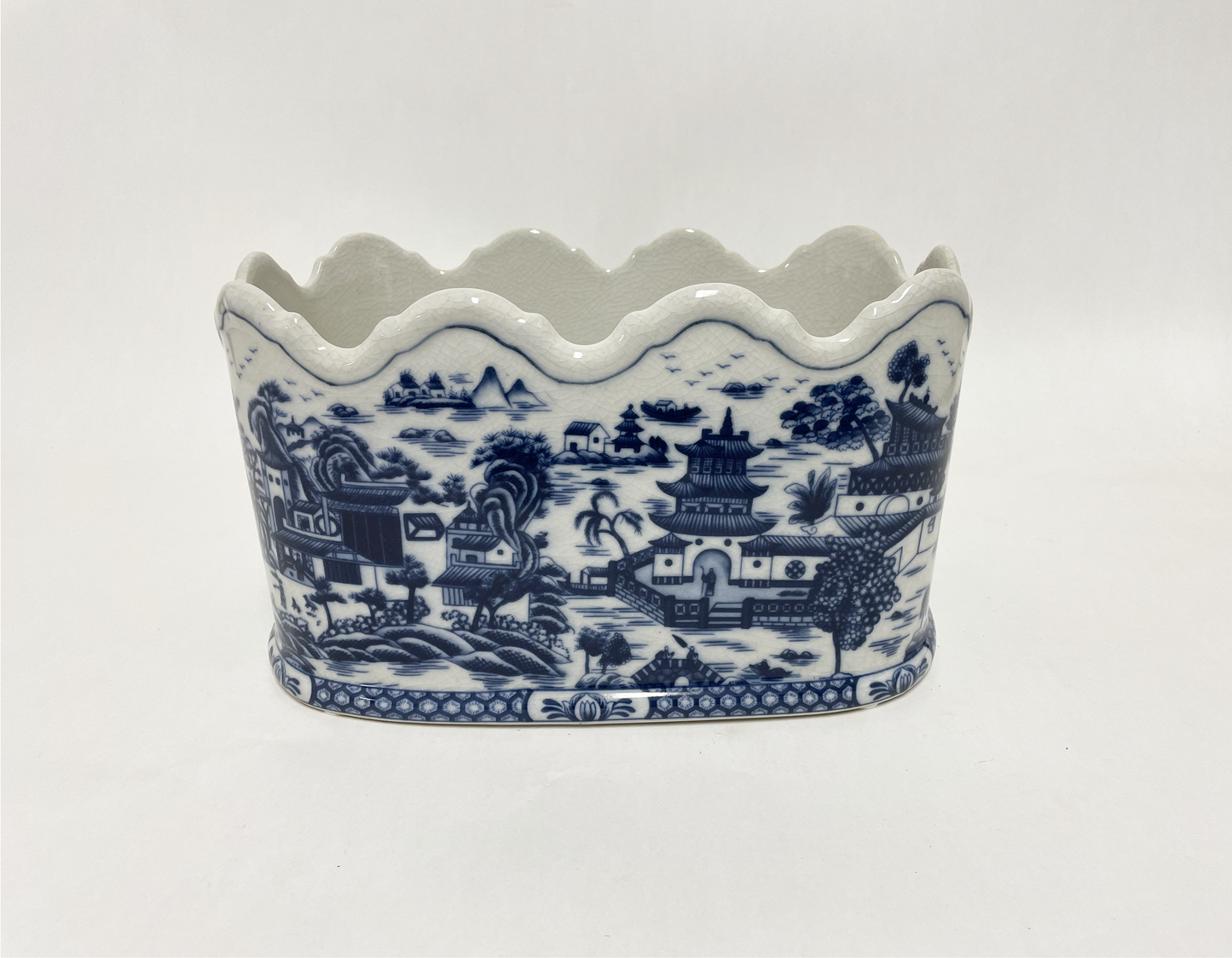 Porcelain - Cobalt Scalloped Oval Planter Blue & White
