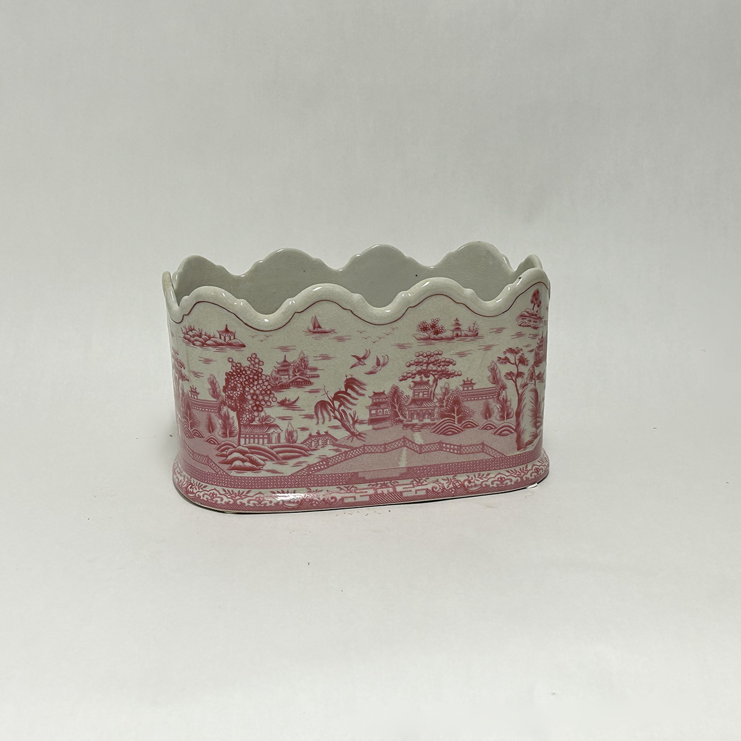 Porcelain - Scallop Rim Oval Planter Pink & White