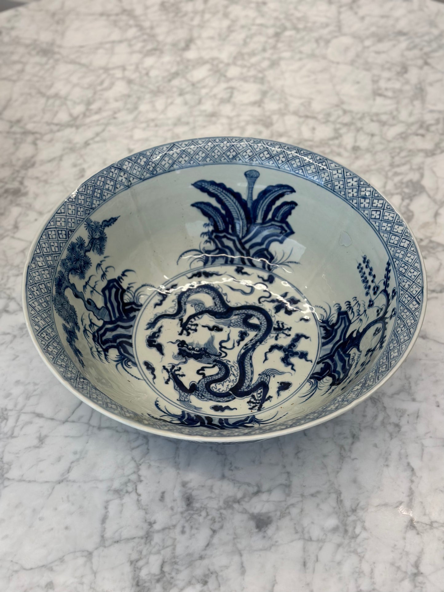One of a Kind - Antique Blue Porcelain Bowl, 16" d x 16" w x 6.5" t