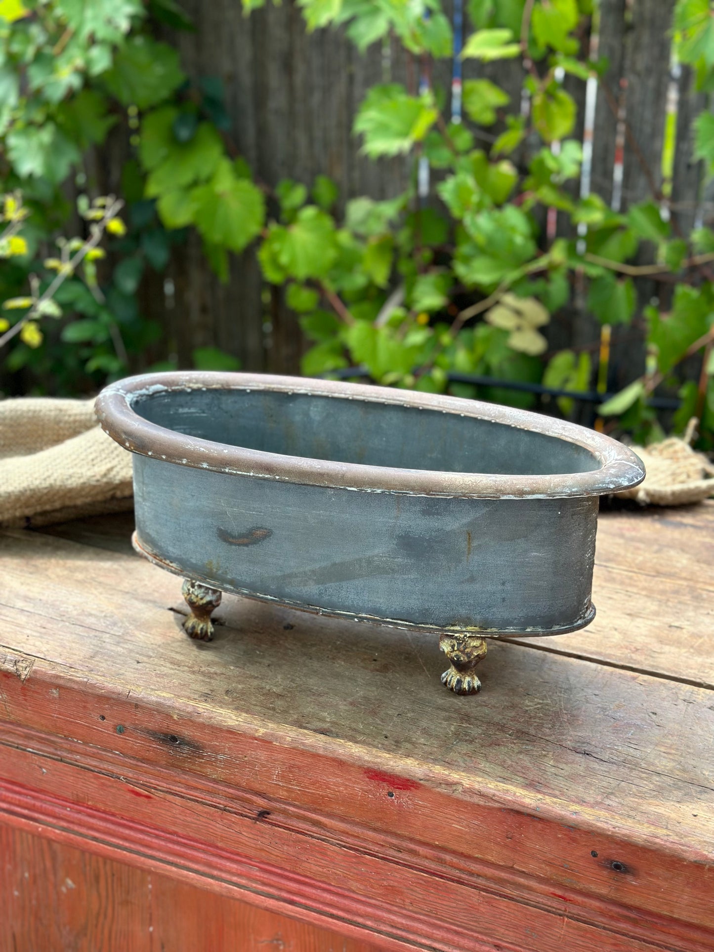 Metal - Distressed Tin Oval Planter with Feet
