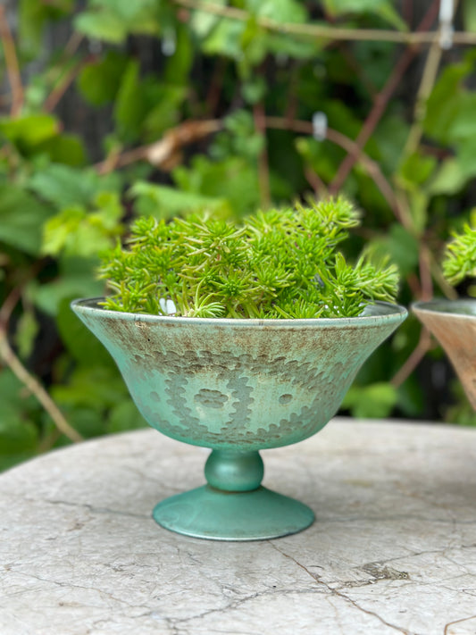 Vintage - Etched Green Bowl Pedestal