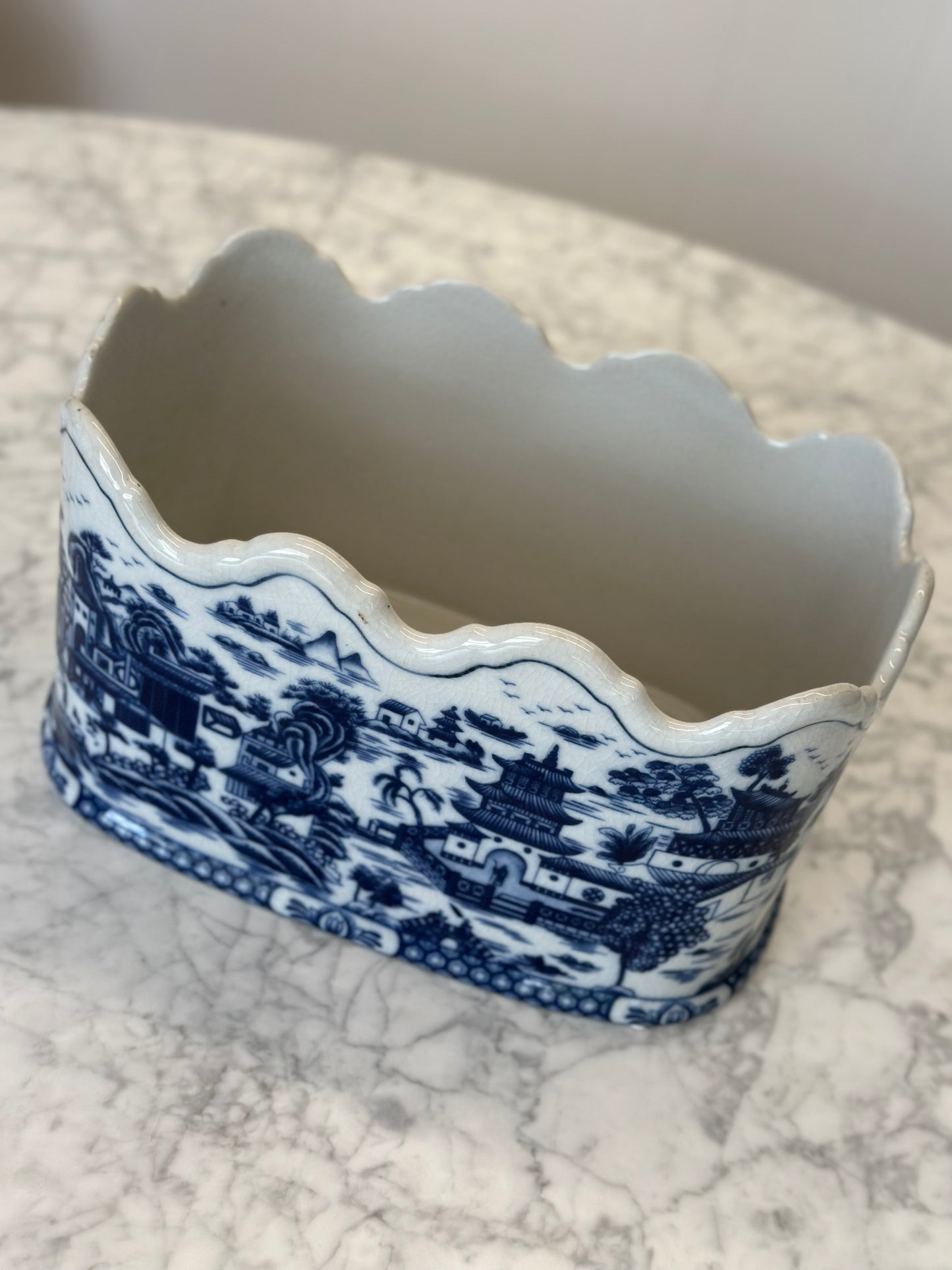 Porcelain - Cobalt Scalloped Oval Planter Blue & White