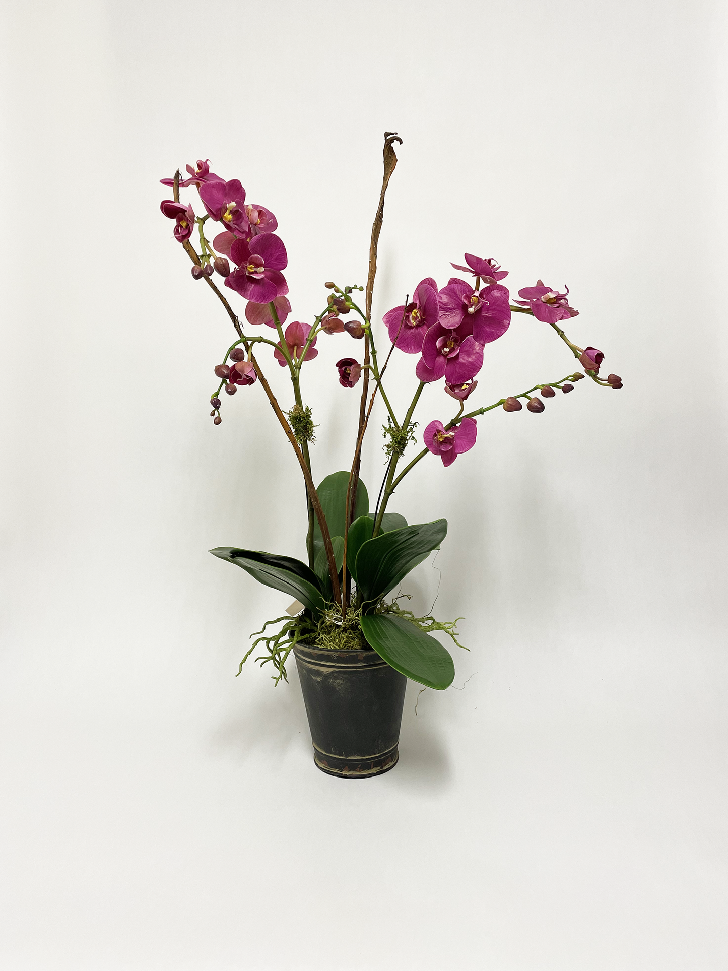 Artificial Arrangement - Fuchsia Orchid in Distressed Black Tin Container